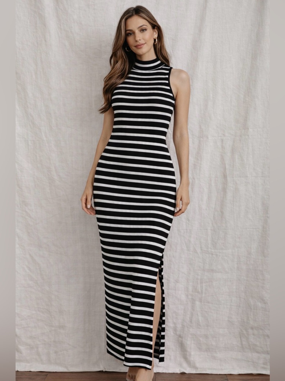 French Connection Striped Maxi women’s size XS/S Dress Mock Neck Bodycon(A502)